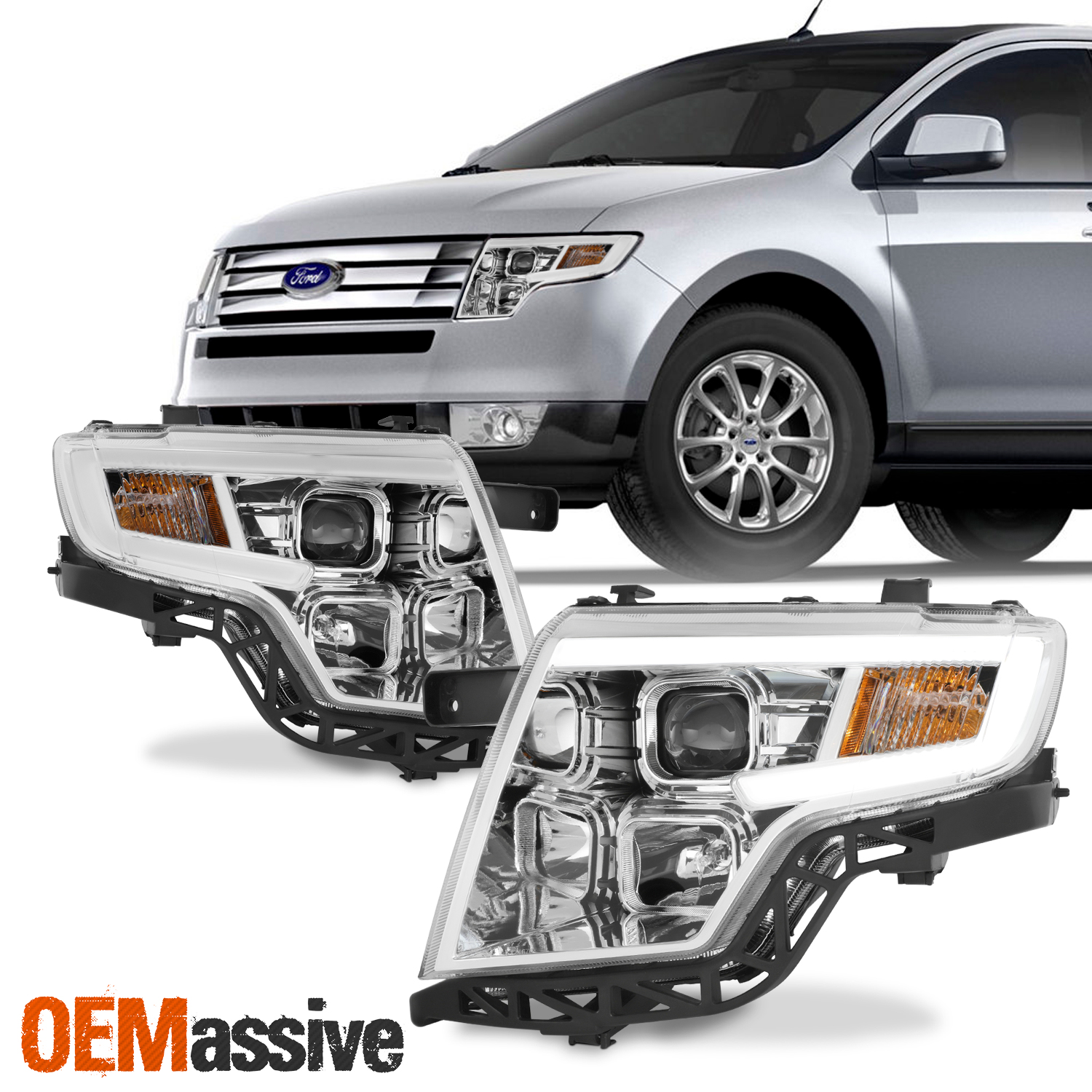 For Ford Edge 20072010 LED Light Bar DRL Projector Headlights Chrome
